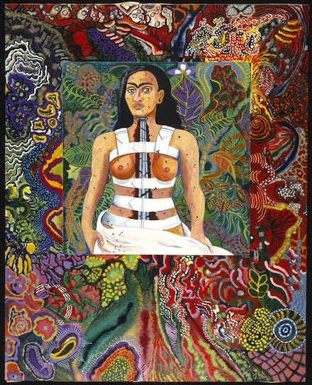 Miriam Schapiro, <em>Agony in the Garden</em>, 1991. Acrylic on canvas with glitter, 90 3/16 × 72 3/16 × 2 inches. © Miriam Schapiro. Courtesy the Brooklyn Museum.