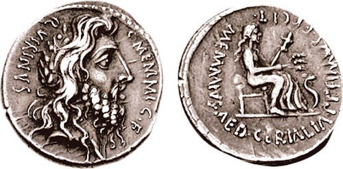 Coin featuring Quirinius and Ceres taken from https://en.wikipedia.org/wiki/Quirinus#/media/File:Denarius_C._Memmius_C._F._Romulus.jpg