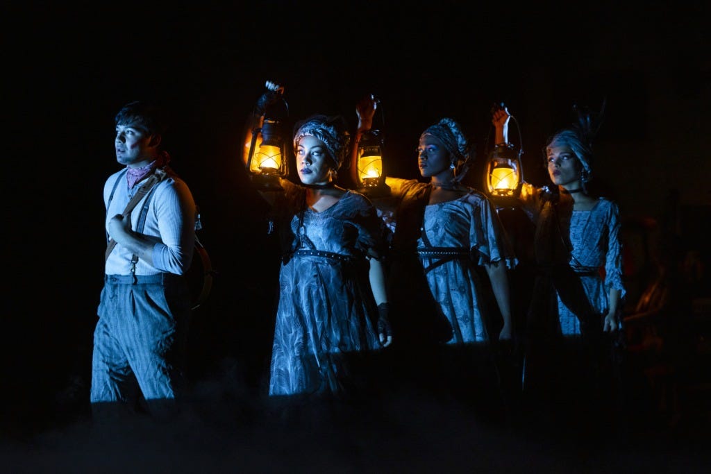 Orpheus Hadestown walking with the Fates as Doubt Comes In