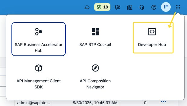SAP Integration Suite app launcher menu with tiles for SAP Business Accelerator Hub, SAP BTP Cockpit, Developer Hub (highlighted), API Management Client SDK and API Composition Navigator. SAP Integration Suite app launcher menu with tiles for SAP Business Accelerator Hub, SAP BTP Cockpit, Developer Hub (highlighted), API Management Client SDK and API Composition Navigator.