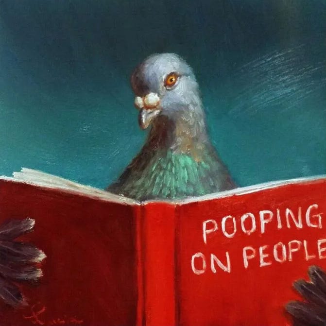 A digital illustration of a pigeon reading a red book titled "POOPING ON PEOPLE". The pigeon has gray feathers with iridescent green accents around its neck, and a bright amber eye. The bird appears to be intently focused on reading the open book against a dark teal background. A digital illustration of a pigeon reading a red book titled "POOPING ON PEOPLE". The pigeon has gray feathers with iridescent green accents around its neck, and a bright amber eye. The bird appears to be intently focused on reading the open book against a dark teal background.