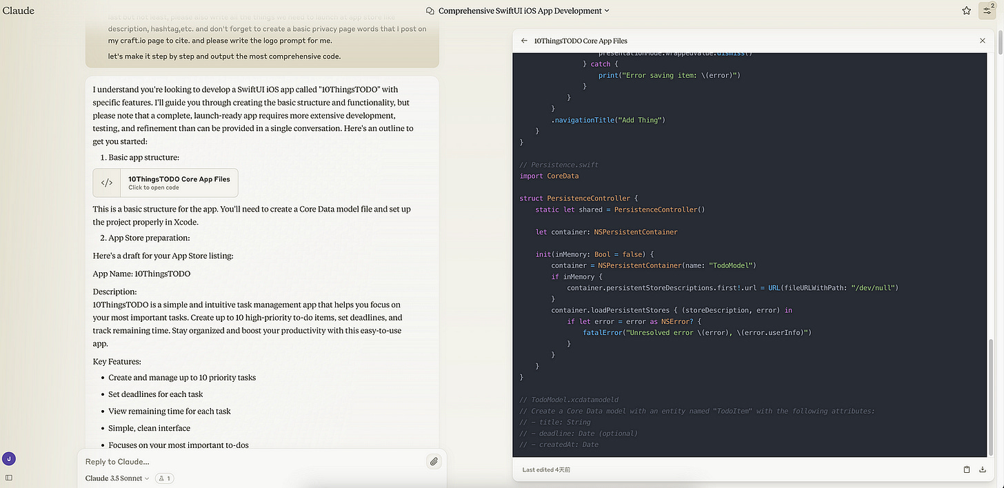 A screenshot of Claude 3.5 Sonnet interface showing the step-by-step guide to develop a SwiftUI iOS app named ‘10ThingsTODO’. The left side includes instructions and key features of the app, while the right side displays the code structure for the Core Data integration. A screenshot of Claude 3.5 Sonnet interface showing the step-by-step guide to develop a SwiftUI iOS app named ‘10ThingsTODO’. The left side includes instructions and key features of the app, while the right side displays the code structure for the Core Data integration.