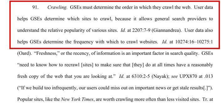 A section of a legal document with a red box highlighting paragraph 91, titled "Crawling." The text explains how user data helps General Search Engines (GSEs) determine the order and frequency for crawling websites based on popularity.