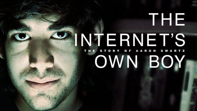 Poster for "The Internet's Own Boy" documentary with Aaron Swartz's headshot 
