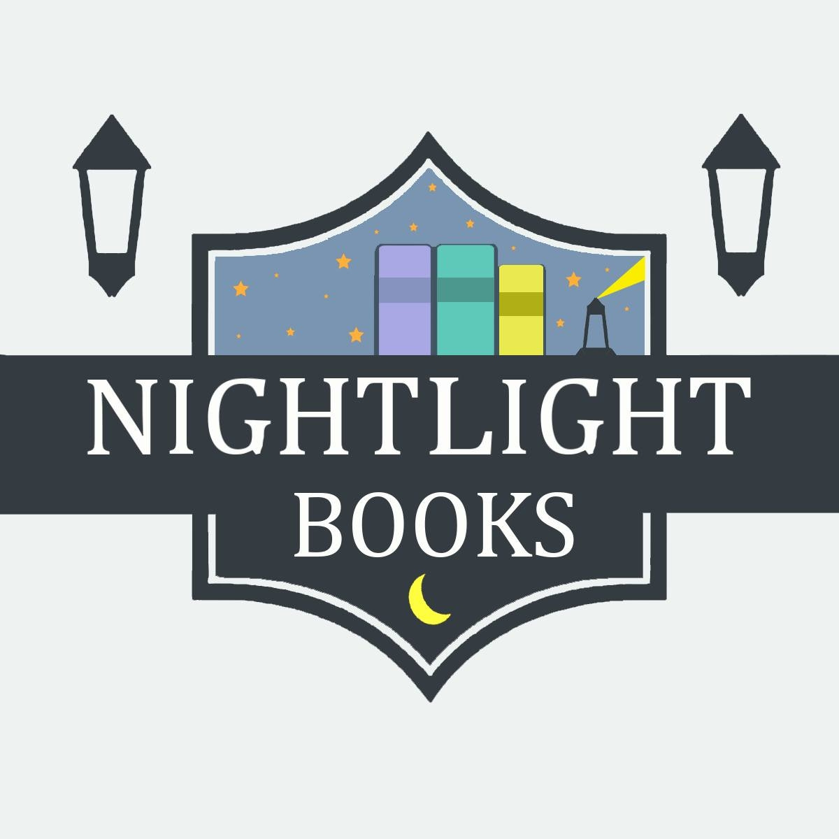 A logo for Nightlight Books featuring two lanterns, a shield with books, a lighthouse, stars, and a crescent moon, with Nightlight Books written prominently across the center. A logo for Nightlight Books featuring two lanterns, a shield with books, a lighthouse, stars, and a crescent moon, with Nightlight Books written prominently across the center.