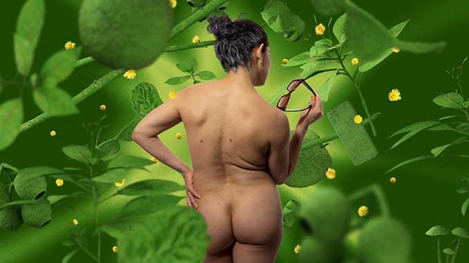 A nude woman seen from behind holds a pair of sunglasses while standing against a lush green background of leaves and flowers, in promotional art for Naturism by Ang Collins. A nude woman seen from behind holds a pair of sunglasses while standing against a lush green background of leaves and flowers, in promotional art for Naturism by Ang Collins.