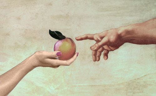 This may contain: two hands reaching out towards an apple with a leaf on it and another hand reaching for the apple