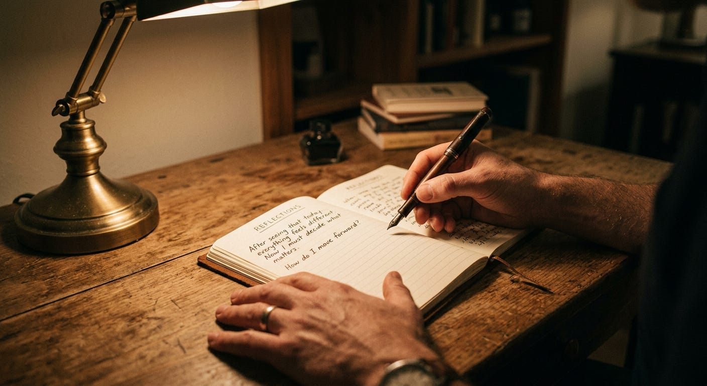 Hands at a desk with pen and open notebook in lamplight, representing the moment of decision after testimony — the move from seeing to doing that the tradition has always known is the hardest step.
