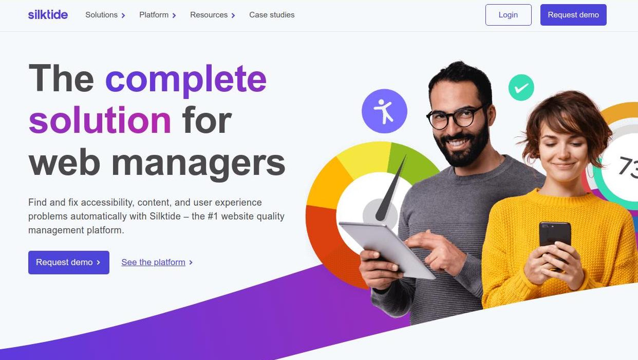 Opinion piece on Silktide from an Accessibility Developer alt: Screenshot of the Silktide homepage the heading text reads the complete solutions for website managers, on the right is a mediterranean man with glasses and a beard wearing a grey top and a white woman with short red hair in a yellow top looking at a mobile. There is additional copy on the image and one of the call-to-actions reads Request a demo.