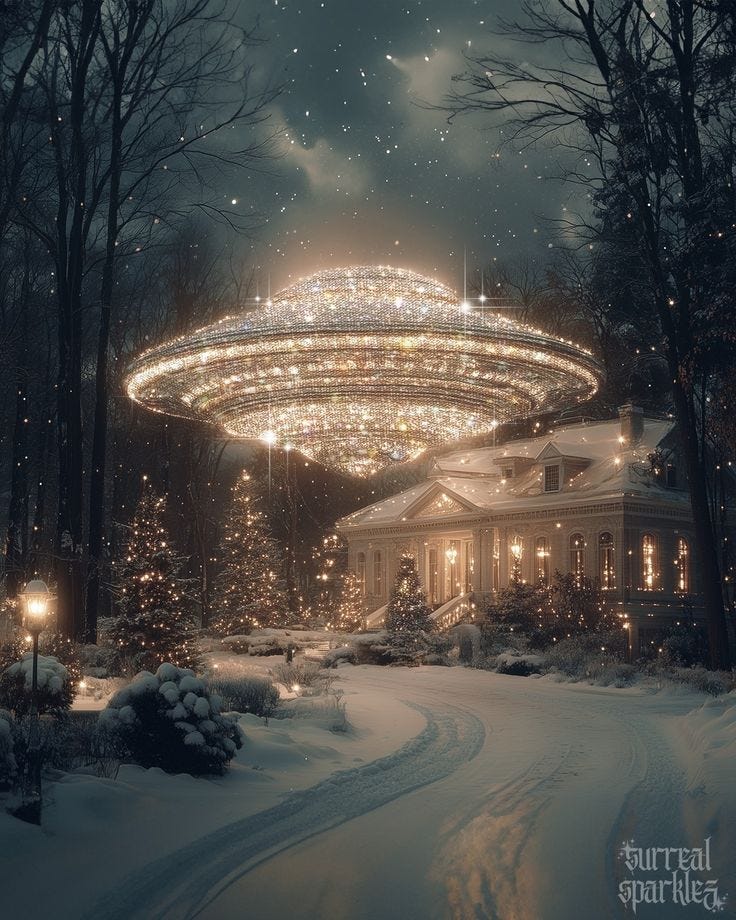 This may contain: a christmas scene with an alien like structure in the sky and lights shining on it