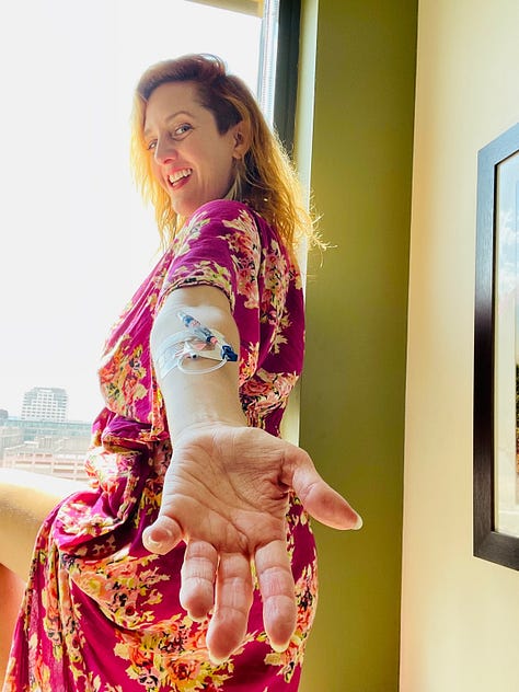 Becky, dressed in a gauzy floral nightgown, poses suggestively in her hospital room, appearing to strip dance around the IV pole, sip seductively from her plastic hospital jug, and pose suggestively with the "soiled linens" bin.