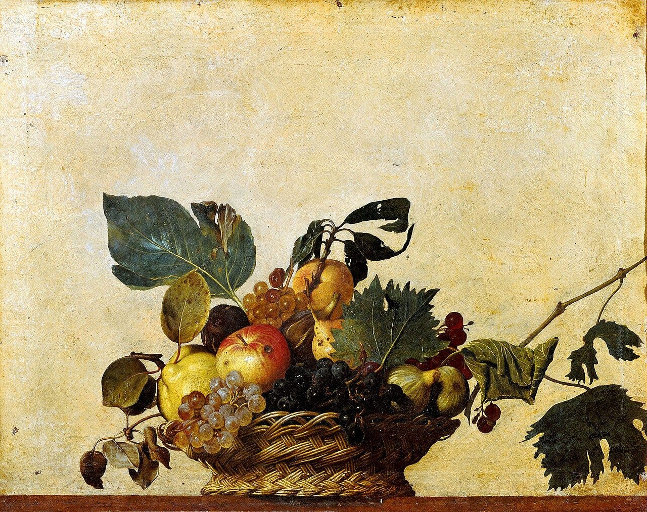 Caravaggio's Basket of Fruit, ripe and bruised fruit with a curling brown leaf Caravaggio's Basket of Fruit, ripe and bruised fruit with a curling brown leaf