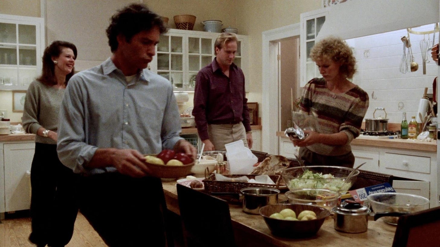 The Big Chill | Still features from left to right: JoBeth Williams, Kevin Kline, William Hurt, and Glenn Close in the kitchen.