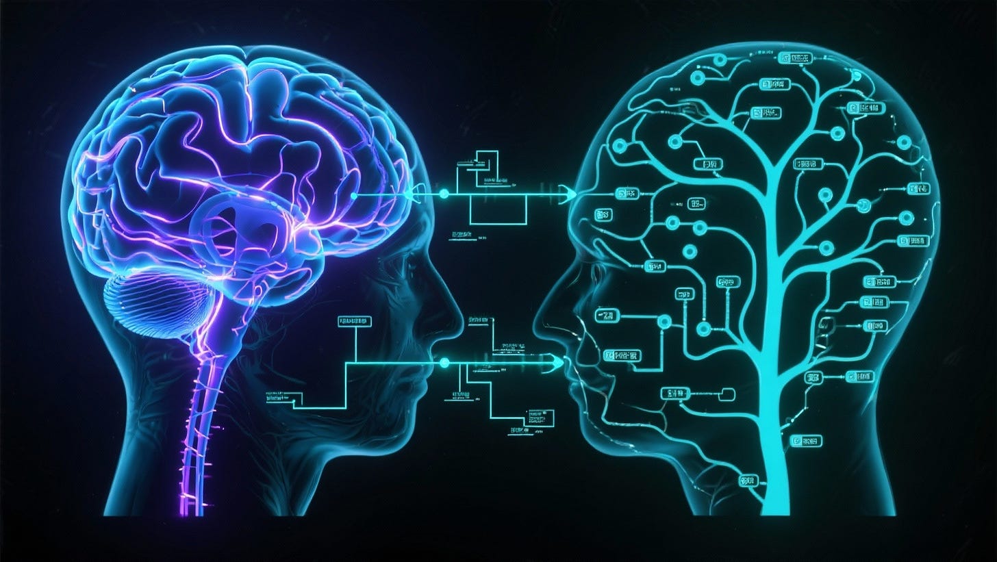 Brain scan merged with algorithm flowchart showing parallel pattern recognition processes, neural pathways and computational nodes forming identical optimization structures