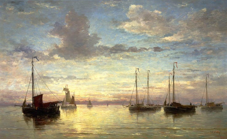 'Avondstond op zee' ca. 1876 - olieverf op doek: H.W. Mesdag (herkomst: coll. Teylers Museum, Haarlem) 'Avondstond op zee' ca. 1876 - olieverf op doek: H.W. Mesdag (herkomst: coll. Teylers Museum, Haarlem)