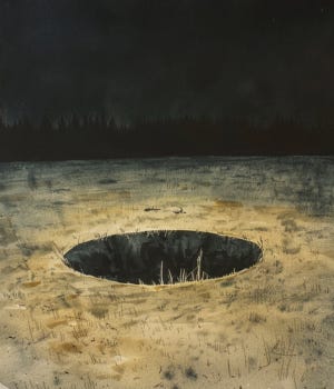 vintage editorial watercolor illustration of a disturbed field site at night, faint shimmer in the grass, two figures at the edges, muted neutrals, cream paper texture