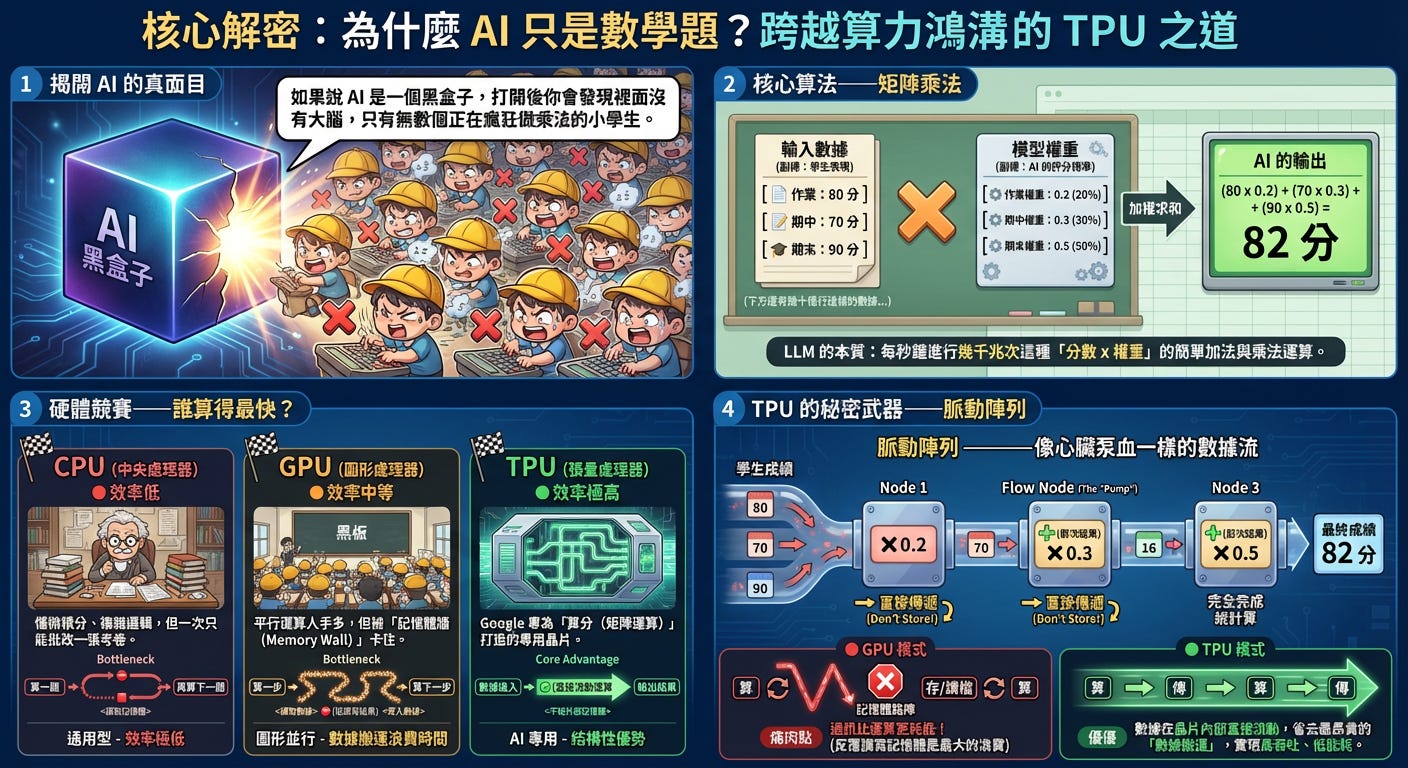 Please generate an infographic base on below  AI  TPU  AI  (The True Face of AI)  AIAI =  () AI  (AI Black Box)()  Q  () AI  (The Core Algorithm Matrix Multiplication) ()    =  A (Input Data) ()  80    70    90   ()  B (Model Weights) (AI ) _image_1