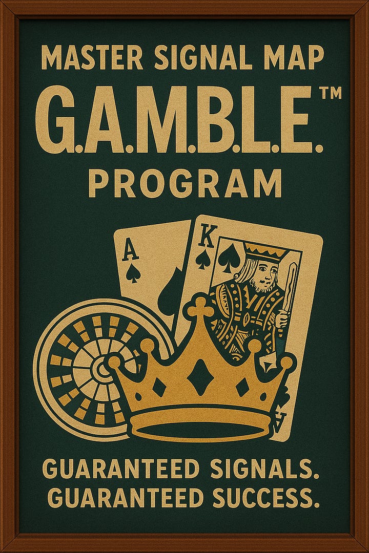 Gallery of three satirical posters displayed side-by-side: Card 1 — Elvis impersonators with ducks and Mickey-masked officers at Graceland; Card 2 — Master Signal Map with icons of casino economy, kings & queens, Epstein loop, and collapse; Card 3 — Trojan horse built of condoms wheeled past the Capitol. Framed in Havana teal and mahogany tones, felt-like backgrounds, vintage propaganda textures.