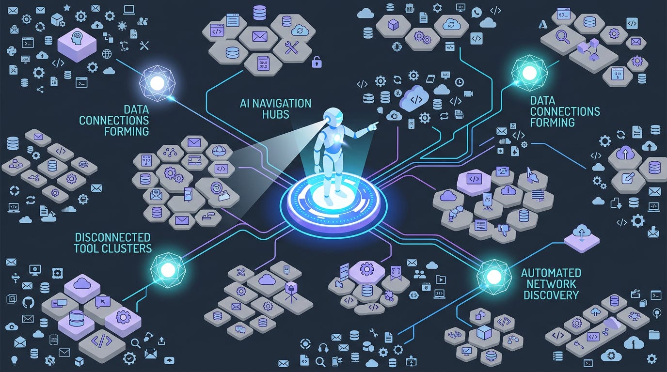 Flat isometric illustration of a vast network map filled with thousands of disconnected tools and services, a central AI agent standing on a glowing navigation platform discovering pathways between them, floating directory nodes lighting up across the landscape as connections form automatically, bright blue, purple and white color palette, clean vector art style, dark background, modern tech editorial aesthetic