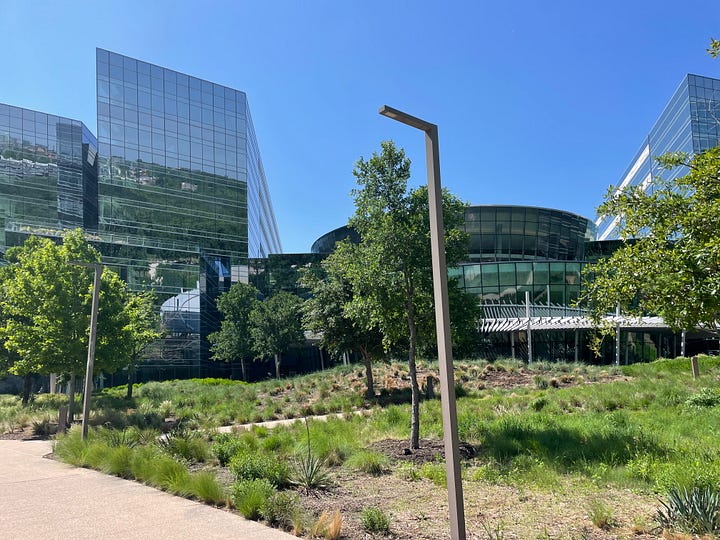 Walkways and bike paths connect the eight Skyview buildings at the new American Airlines campus at DFW