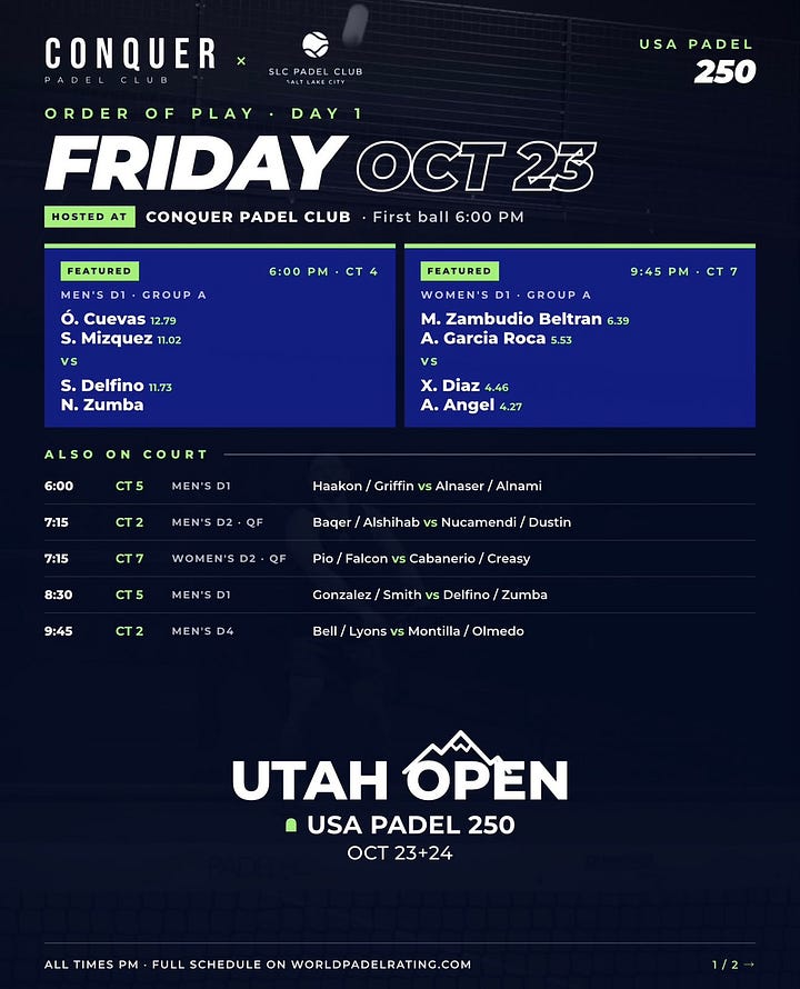 Schedule showing playing times for the Utah Open USA padel tournament