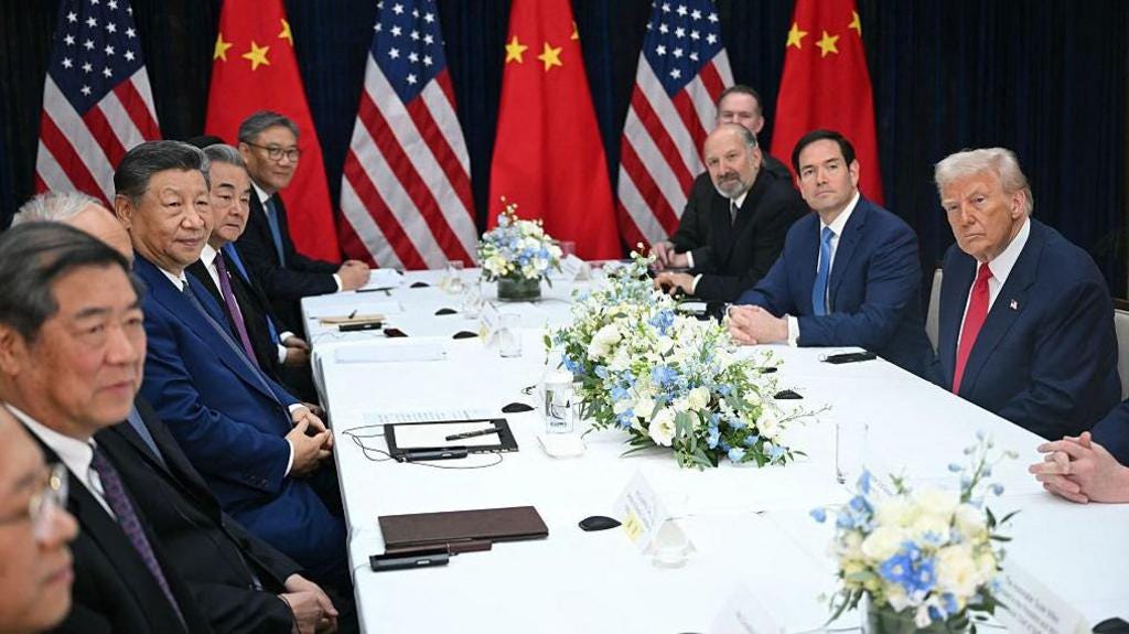 US President Donald Trump (R) and China's President Xi Jinping (4th L) hold talks at the Gimhae Air Base, located next to the Gimhae International Airport in Busan on October 30, 2025 US President Donald Trump (R) and China's President Xi Jinping (4th L) hold talks at the Gimhae Air Base, located next to the Gimhae International Airport in Busan on October 30, 2025