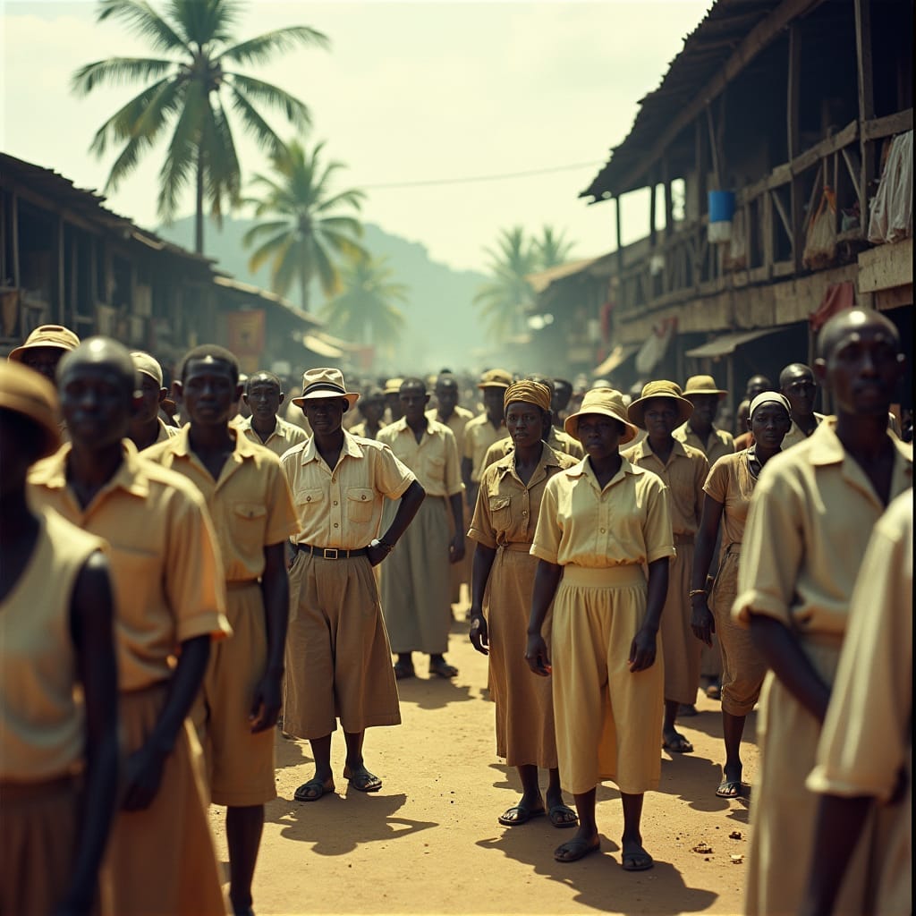 A Jamaican town street in 1941, with people of all ages dressed in worn, earth-toned clothing, queuing patiently for rationed goods, their faces etched with determination.