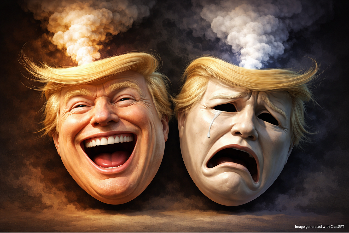 Picture of the famous "Comedy, Tragedy" drama masks that resemble Donald Trump. Puffs of smoke rise above both masks Picture of the famous "Comedy, Tragedy" drama masks that resemble Donald Trump. Puffs of smoke rise above both masks
