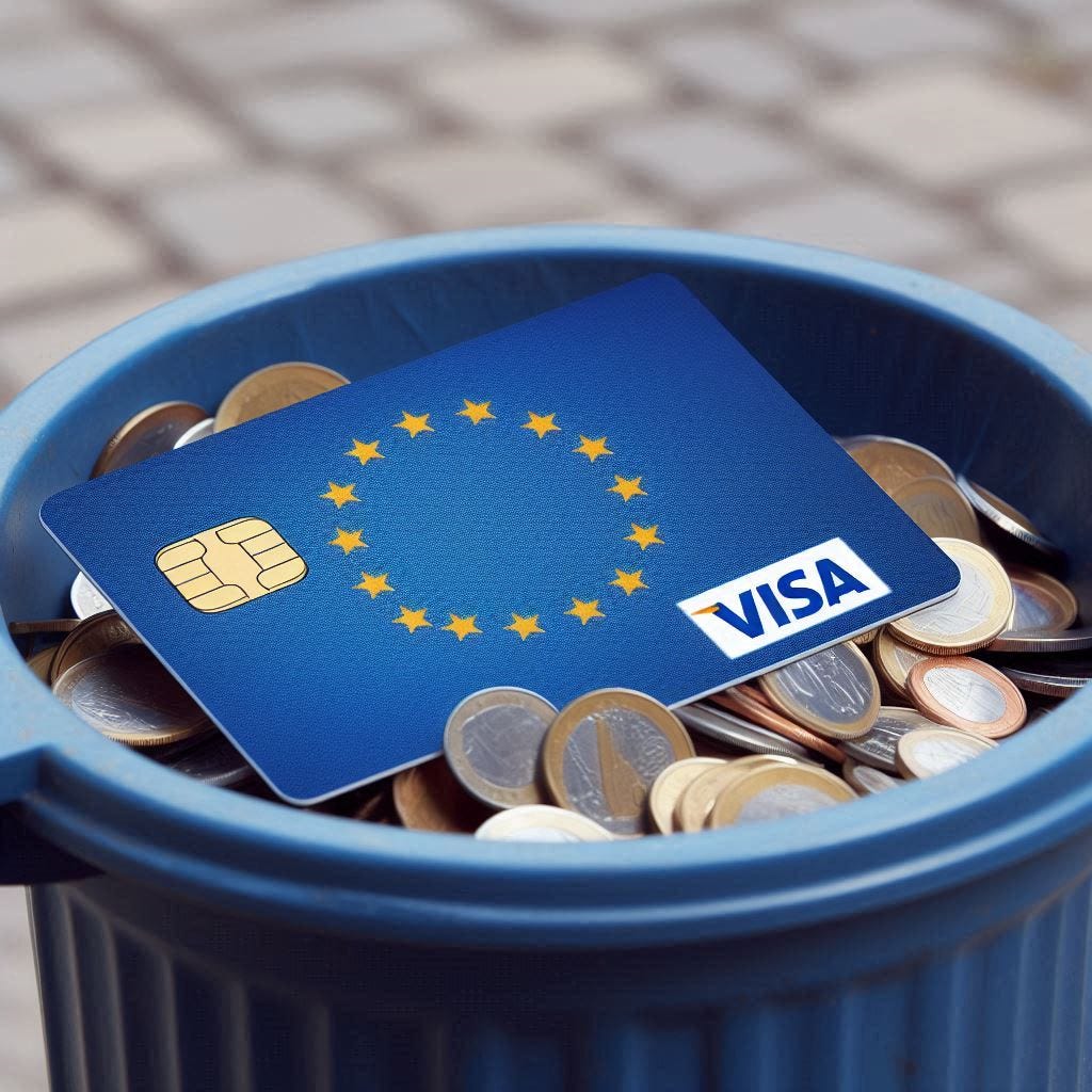 A Visa card in a trash can, with a larger blue card representing the European Union in front of it