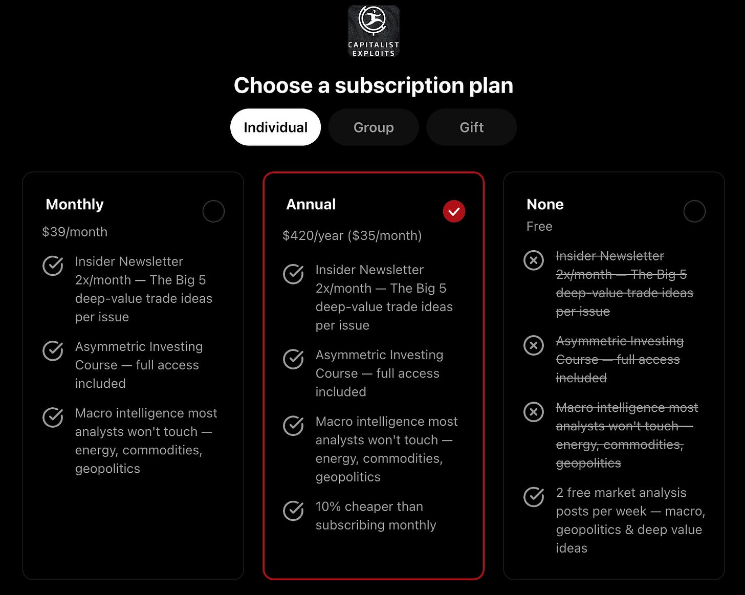 Capitalist Exploits subscription plans showing monthly annual and free pricing options Capitalist Exploits subscription plans showing monthly annual and free pricing options