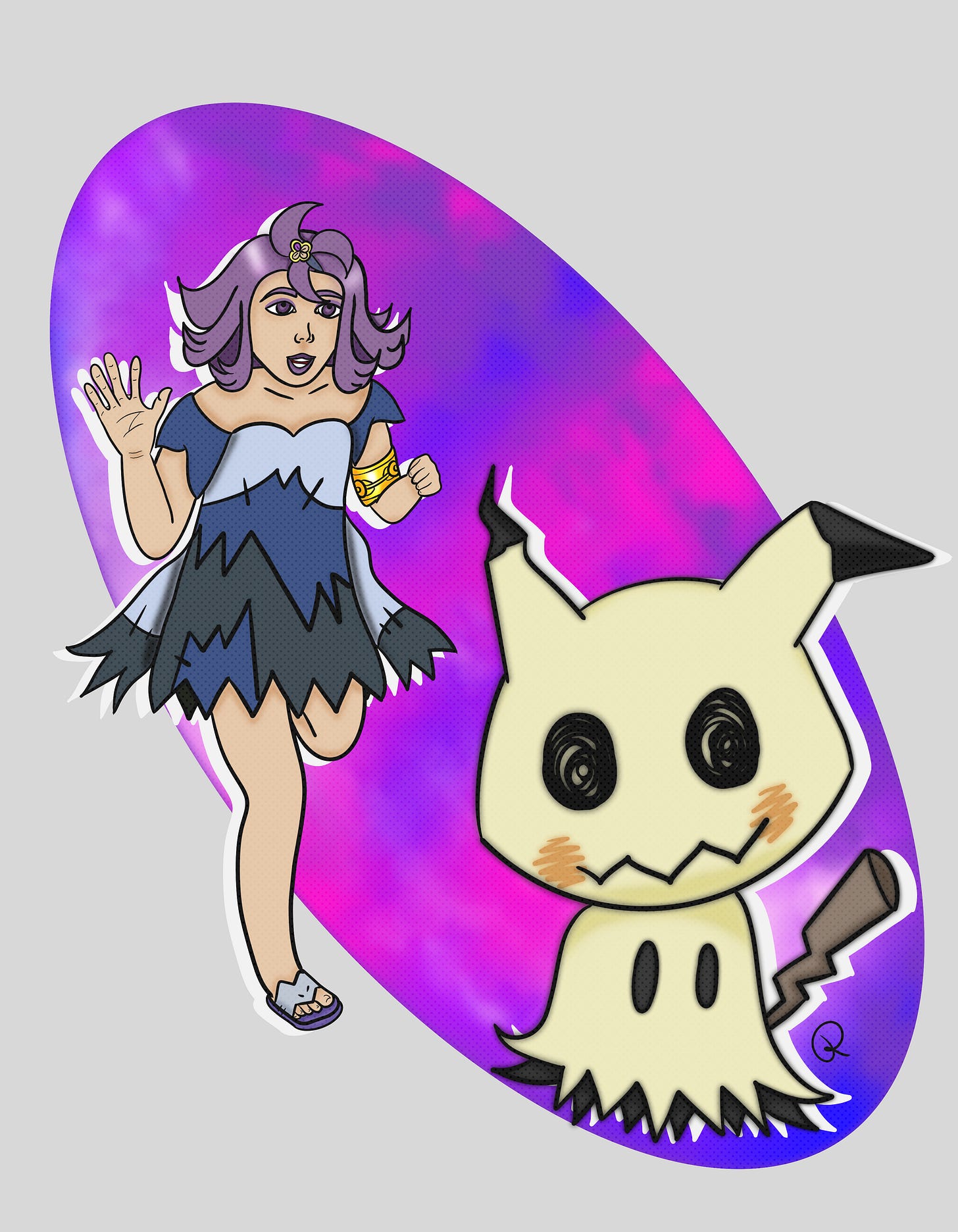 Personagens da franquia Pokémon.  Acerola: uma garota correndo, ela tem pele clara, cabelos lilás, na altura do ombro. Ela usa um vestido com remendos, chinelo e um bracelete dourado no braço esquerdo. Mimikyu: pokémon do tipo fantasma, amarelo, com orelhas pontudas, bochechas rosadas, rabinho de raio e olhos rabiscados. Ele flutua em primeiro plano. O fundo da imagem tem uma profusão de cores azuis, roxas e rosas