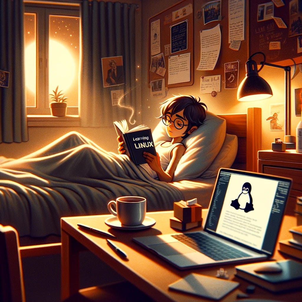 A cozy and peaceful scene of a brown student learning Linux, lying down on a bed in a dorm room during the evening. The room is warmly lit, creating a comfortable study atmosphere. The student, engaged in reading a book on Linux, is surrounded by a laptop, some notes, and a cup of tea or coffee on a bedside table. The dorm room should have a personal touch, like posters on the wall or a small plant, indicating a lived-in space. The scene should convey a sense of relaxation and focus, as the student immerses themselves in learning.