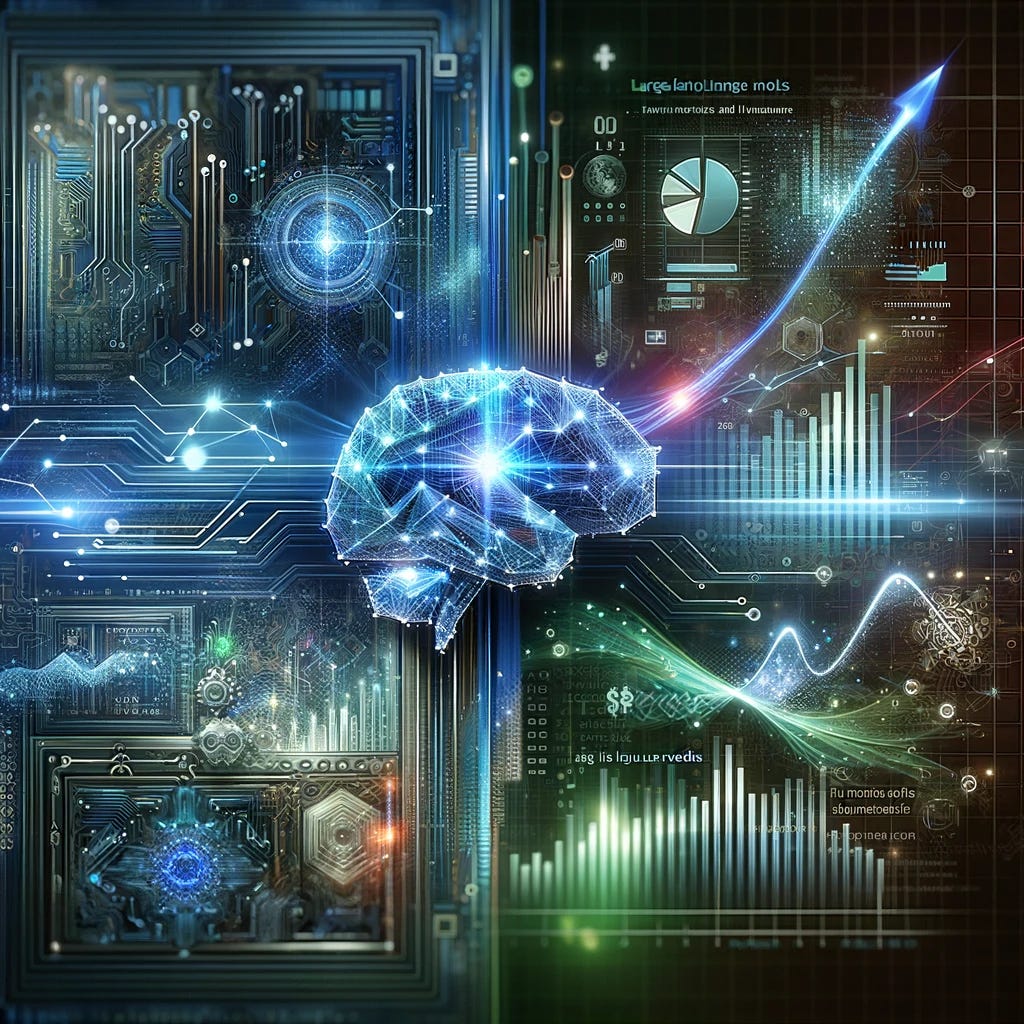 A sophisticated and elegant cover image for an article about 'Large Language Models and TinyLLMs in Finance'. The image should feature an array of digital elements symbolizing AI and finance, such as circuit board patterns, financial graphs, and code snippets. In the center, there should be a prominent representation of AI, like a digital brain or a glowing neural network, intertwined with symbols of finance like dollar signs and stock market arrows. The overall color scheme should be a blend of blues, greens, and metallics, conveying a sense of advanced technology and financial expertise. The image should be dynamic, modern, and convey a sense of cutting-edge innovation in the field of finance and AI.