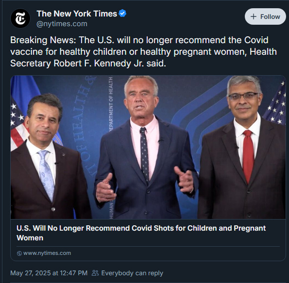 Marty Makary and Jay Bhattacharya proudly smiling alongside RFK Jr. as he denies the COVID-19 vaccine to pregnant women and children Marty Makary and Jay Bhattacharya proudly smiling alongside RFK Jr. as he denies the COVID-19 vaccine to pregnant women and children