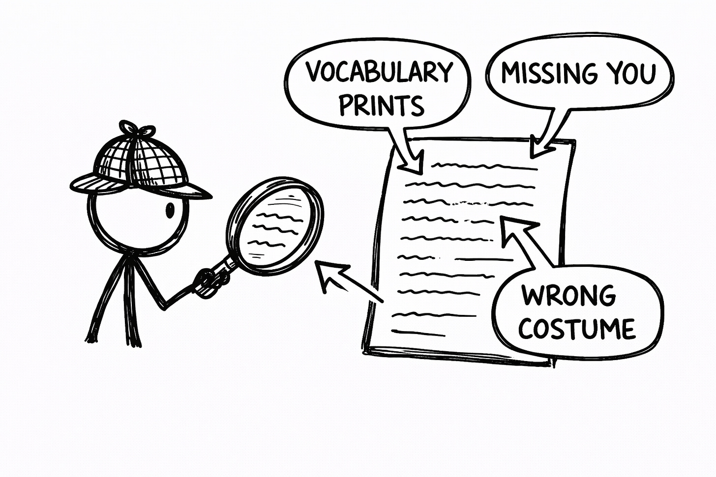 Hand-drawn stick figure detective holding magnifying glass examining a document with callouts reading VOCABULARY PRINTS, MISSING YOU, and WRONG COSTUME, illustrating signs of AI-written content.