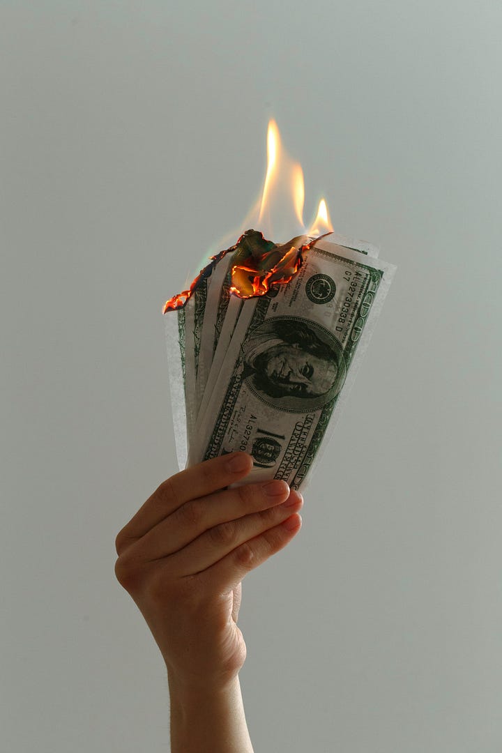 Money on fire. Food in a pot. Photos by JP Valery and Gaelle Marcel via Unsplash.