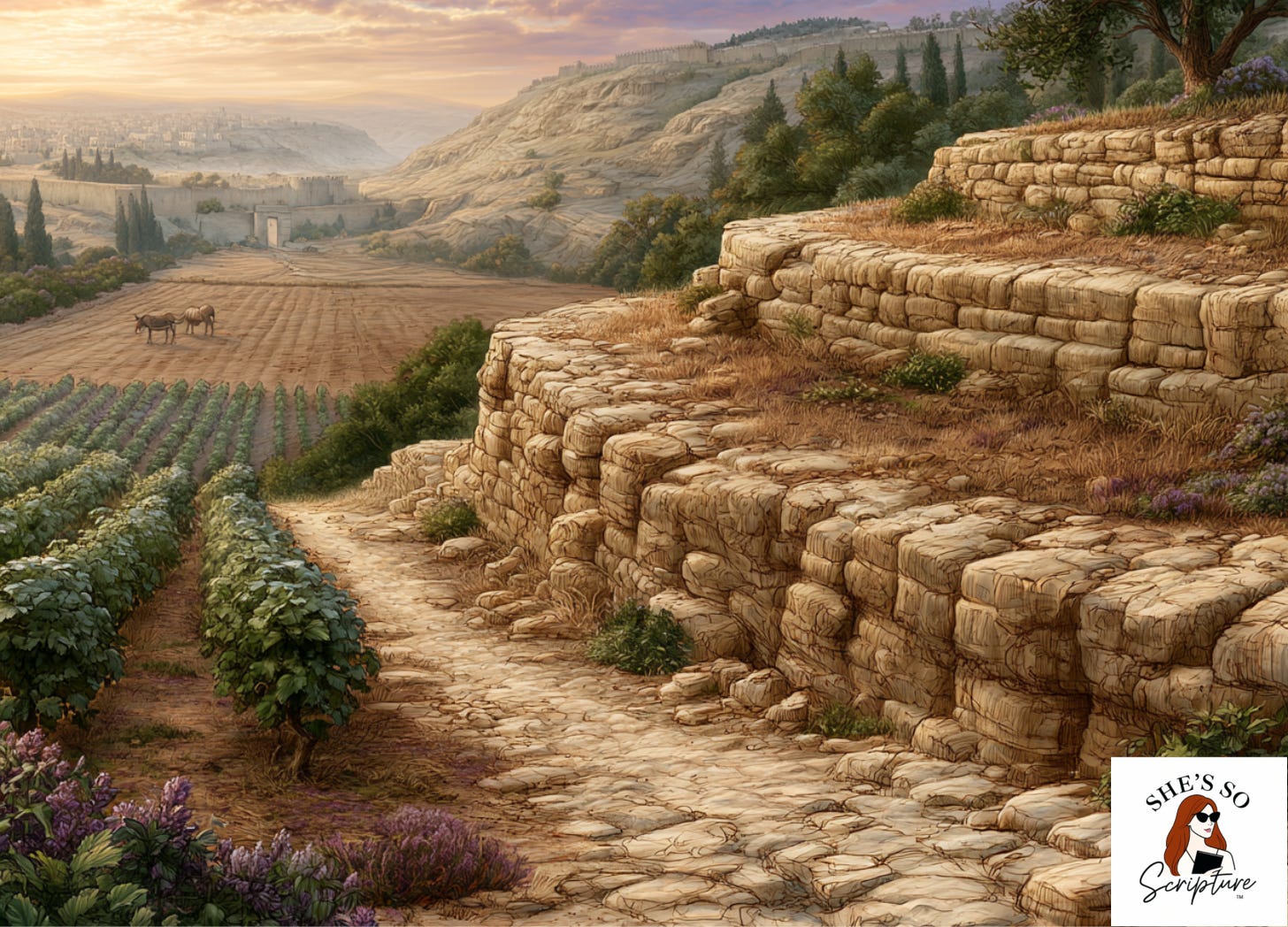 Ancient Israelite vineyard at golden hour with terraced fields resting, an open scroll on a stone bench, and a distant donkey near a city gate, illustrated in deep plum and gold watercolor with sketchy ink outlines representing the themes of Behar-Bechukotai.
