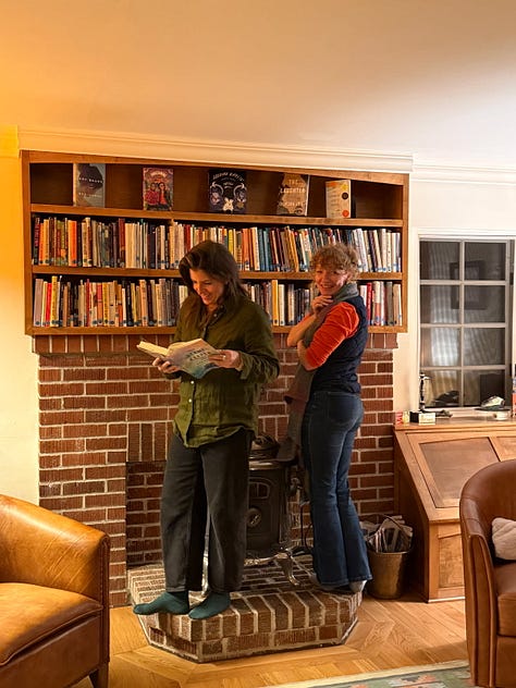 pictures of several women writers in residence at hedgebrook, either walking through the woods or gathered around a bookcase