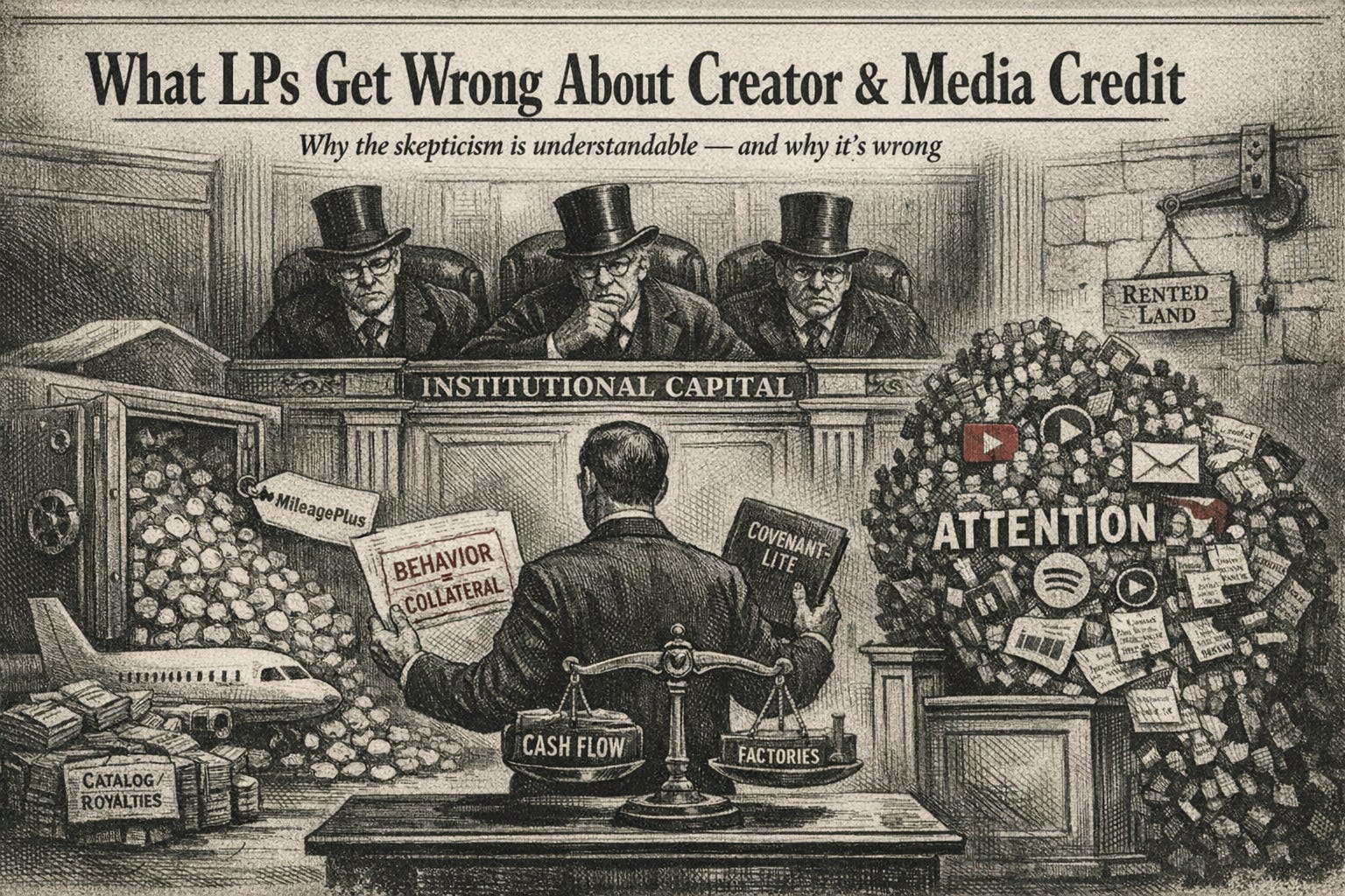 Editorial illustration showing institutional investors evaluating attention as a financial asset, depicting creator audiences, loyalty programs, and behavioral cash flow being underwritten as credit rather than equity, representing how LPs misunderstand creator and media credit.