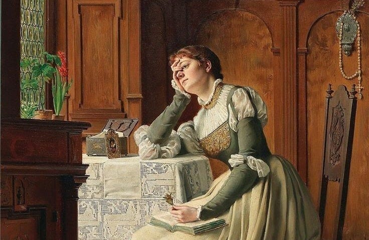 This may contain: a painting of a woman sitting at a table in front of a box and suitcase
