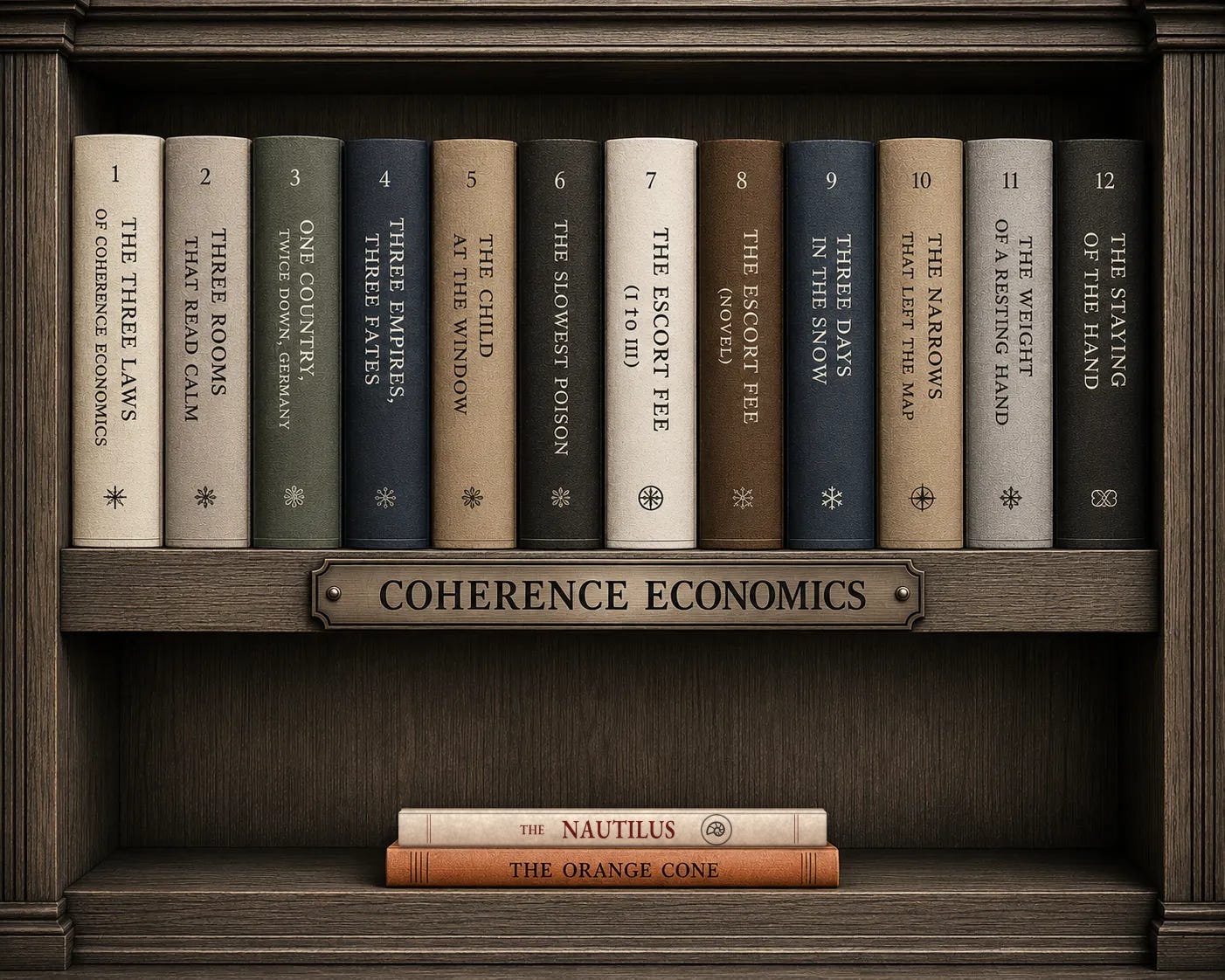 A bookshelf labeled Coherence Economics, holding twelve numbered volumes and, on the shelf below, a white book titled The Nautilus resting on a slim orange book titled The Orange Cone. A bookshelf labeled Coherence Economics, holding twelve numbered volumes and, on the shelf below, a white book titled The Nautilus resting on a slim orange book titled The Orange Cone.