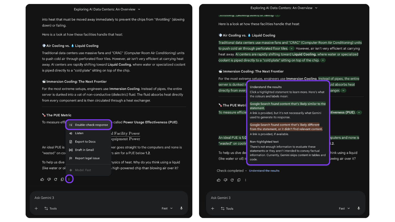 Two Gemini screens side by side: on the left, the three-dot menu showing Double-check response, Listen, Export to Docs, and Draft in Gmail options; on the right, the verification results with green and orange highlights on claims and a legend explaining what each color means Two Gemini screens side by side: on the left, the three-dot menu showing Double-check response, Listen, Export to Docs, and Draft in Gmail options; on the right, the verification results with green and orange highlights on claims and a legend explaining what each color means