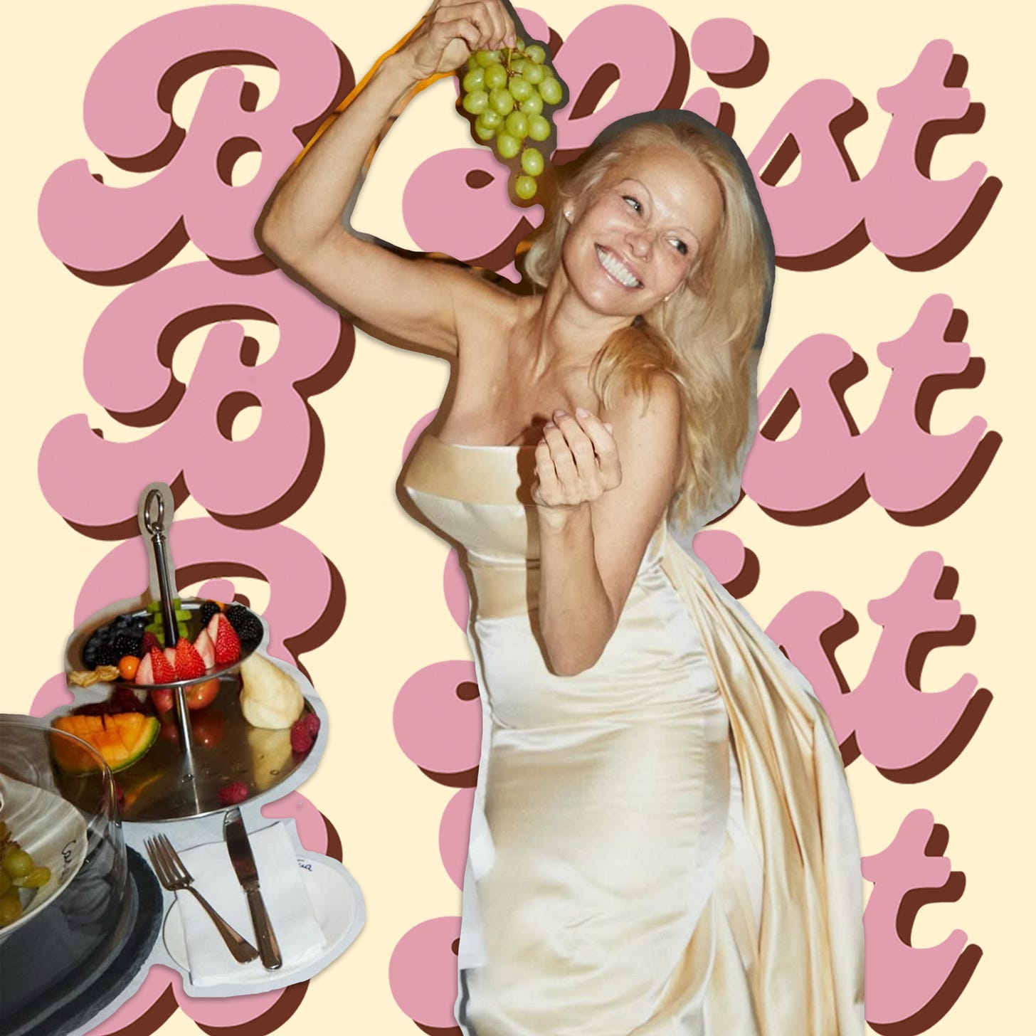 Image of Pamela Anderson posing with room service in a cream gown. Image of Pamela Anderson posing with room service in a cream gown.