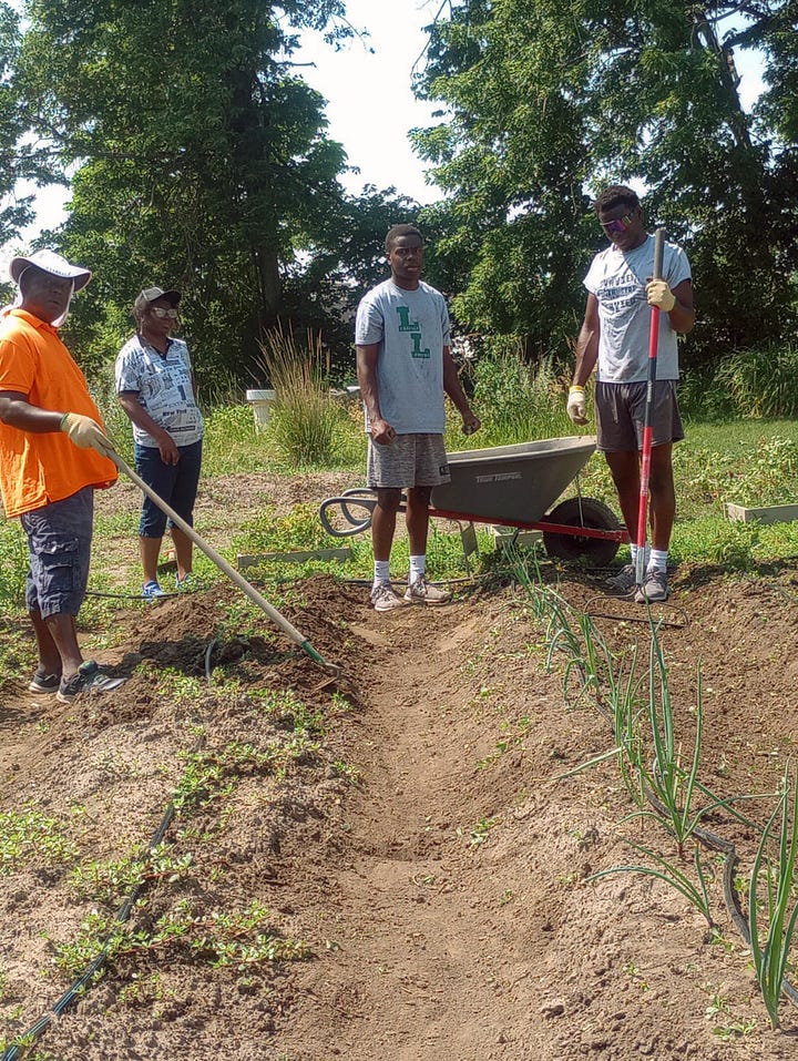 A group of four people standing around a wheelbarrow in a field. A young girl kneeling down in a field. A couple of young people preparing soil in a field. An image of Guy and his wife standing in the field with tools in hand. 