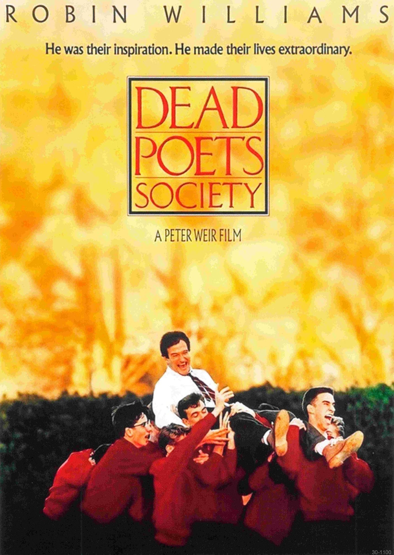 The "Dead Poets Society" poster from Blue Dog Posters features students in red sweaters lifting a jubilant teacher, all set against a softly focused autumn backdrop. The design includes the movie title and tagline, prominently showcasing Robin Williams. The "Dead Poets Society" poster from Blue Dog Posters features students in red sweaters lifting a jubilant teacher, all set against a softly focused autumn backdrop. The design includes the movie title and tagline, prominently showcasing Robin Williams.