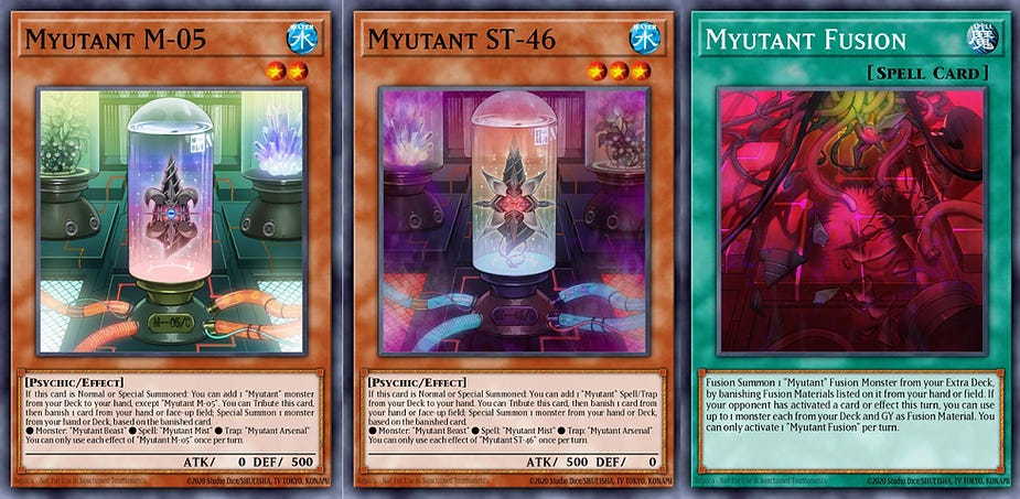 Three collectible cards featuring "Myutant M-05," "Myutant ST-46," and "Myutant Fusion." Vivid colors, futuristic lab setting.