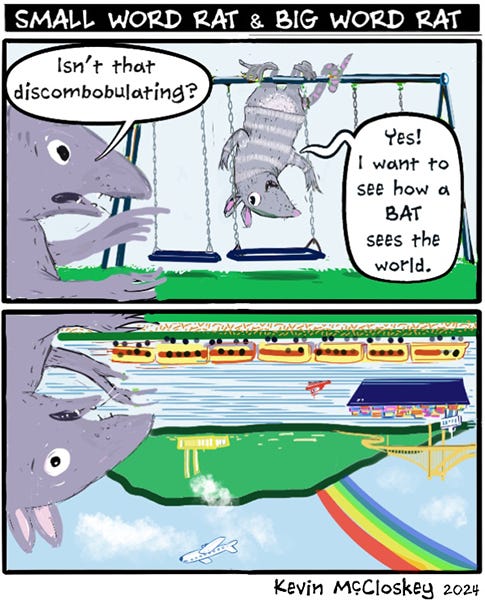 Small word rat is hanging upside down. Big word rat asks why. Small word rat replies I want to see how a bat sees.