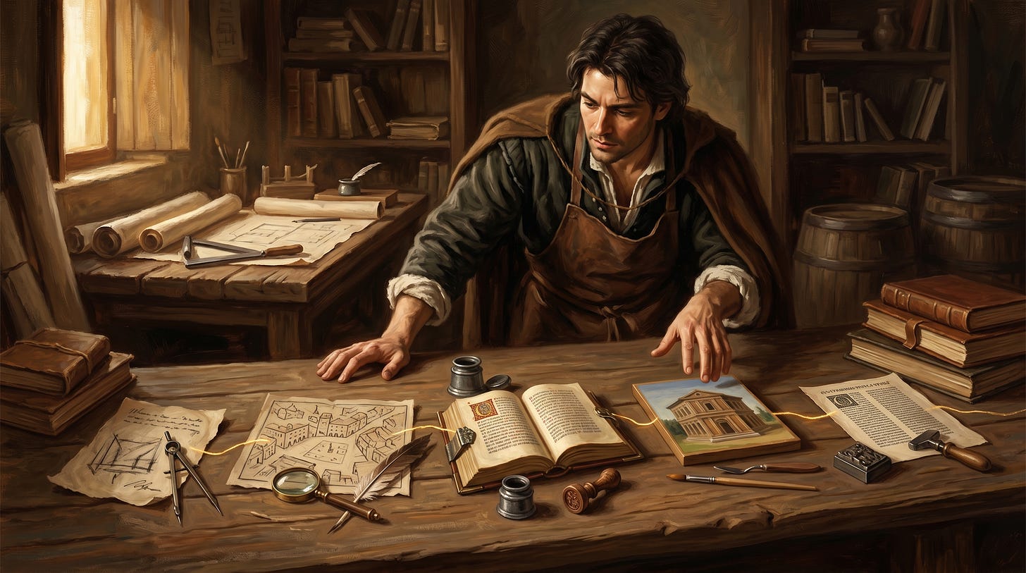 Painterly image of a maker at a wooden desk connecting notes, books, sketches, and tools, representing an AI newsletter workflow built around connected tools