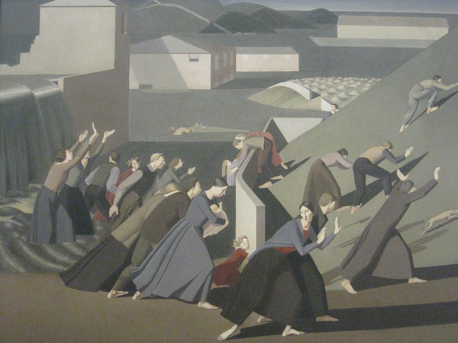 People in plain 1920s clothes run up a green slope away from water pouring out of a broken tower, a woman in front holding a small child, while a pale, block-shaped ark floats far off on the right. People in plain 1920s clothes run up a green slope away from water pouring out of a broken tower, a woman in front holding a small child, while a pale, block-shaped ark floats far off on the right.