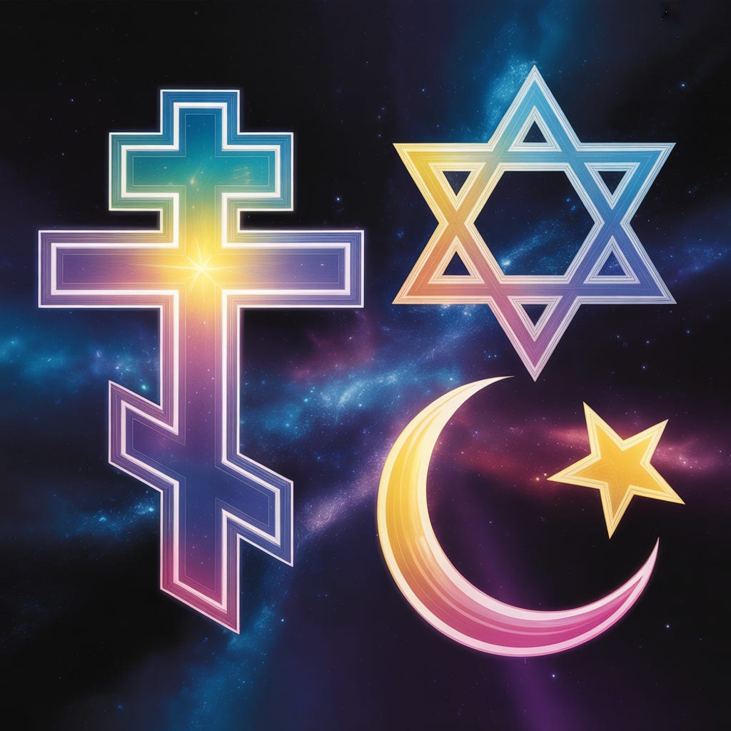 Cosmic religious harmony: Orthodox Cross, Star of David, Islamic Crescent